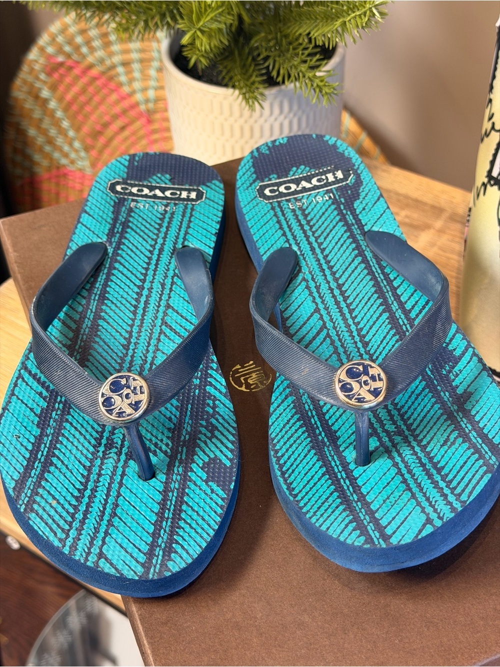 Coach Women's Flip Flops Thong Alessa Sandal Size 7-8 Blue Turquoise